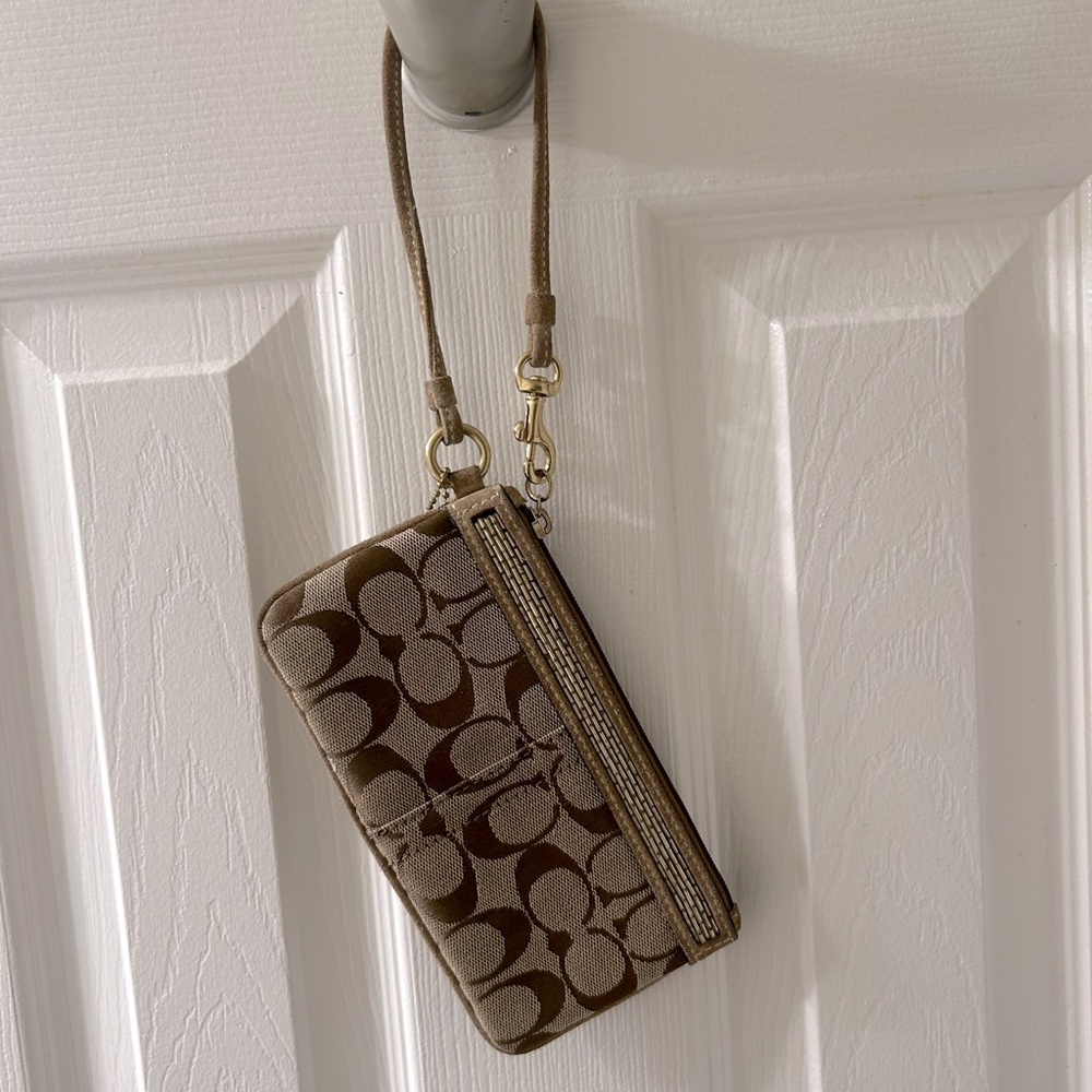 Brown/Gold Mini Coach Wristlet pink interior